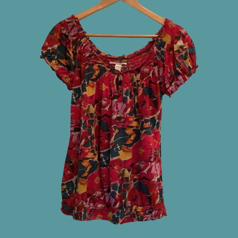 Lucky brand Red Floral Top Womens Cotton Indie Boho Blouse Sz M